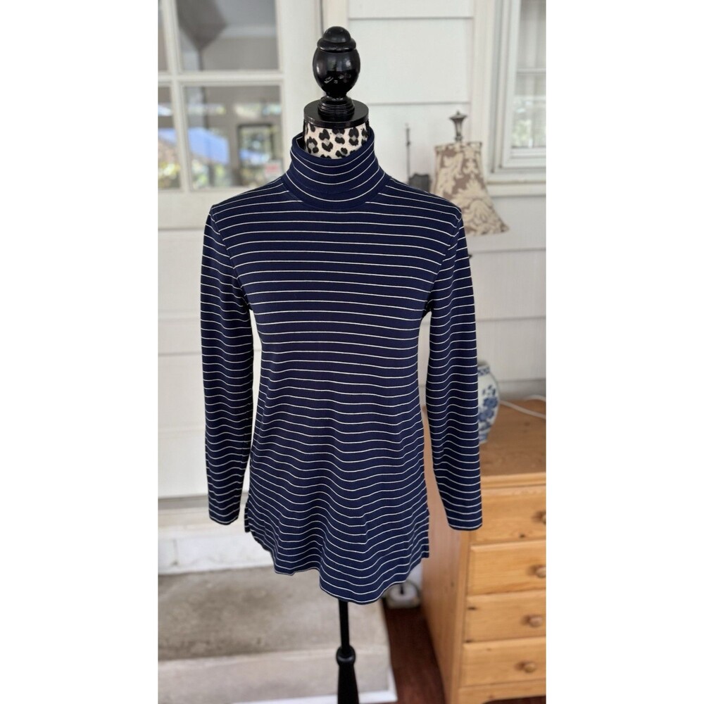 Lands End XS (2-4) 100% Cotton Fitted Turtleneck Tunic Navy White Stripe